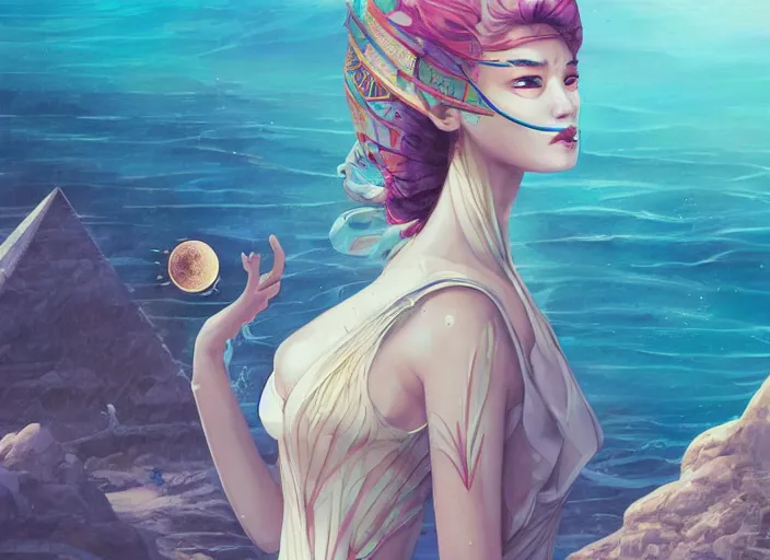 Image similar to lee jin - eun in luxurious dress emerging from turquoise water in egyptian pyramid city during an eclipse by peter mohrbacher, conrad roset, m. k. kaluta, martine johanna, rule of thirds, elegant look, beautiful, chic, face anatomy, cute complexion