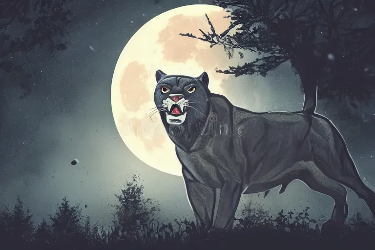 Image similar to a panther roaring at the moon in a forest during the night, large moon in the center. high quality. artistic. illustration. 4 k. cinematic. photoreal. highly detailed. dramatic. dark colors. night.