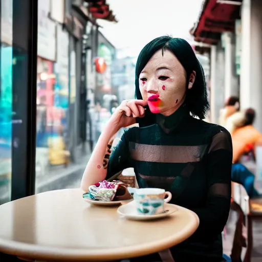 Prompt: photograph woman sitting in a cafe, China, short black hair, freckles, face tattoos, futuristic, cyberpunk face mods, sigma 85mm f/1.4, 4k, depth of field