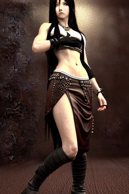 Prompt: Tifa Lockhart rendered in Cinema 4D, elegant intricate ornate futuristic leather skirt and white tank top, dark brown flowing long hair, art by Artgerm and Alphonse Mucha, hyperrealism, full body photogenic shot, digital render, clothing studded with large glass orbs of colorful crystal, 8k resolution, masterpiece work
