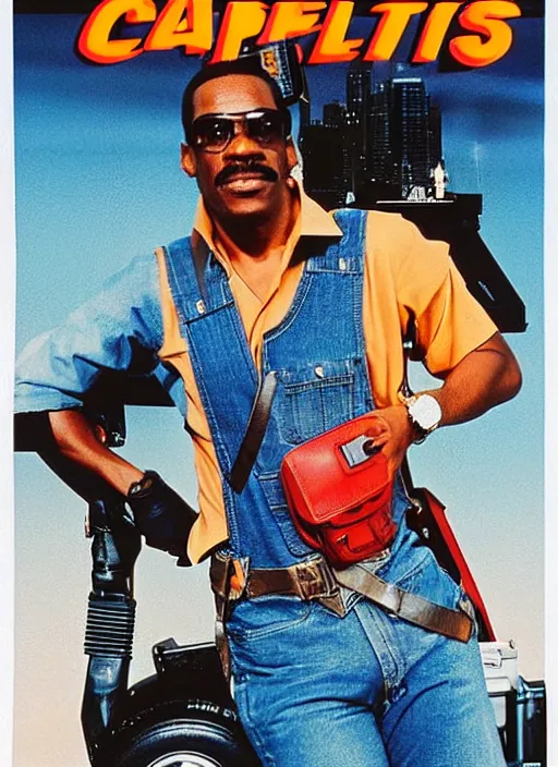 Image similar to an 8 0's john alvin action movie poster starring eddie murphy face as a plumber to rich people. bathroom. overalls. tool belt. the movie is called beverly hills crap