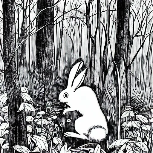 Image similar to a rabbit smoking deep in the forest, black and white illustration, creative design by junji ito