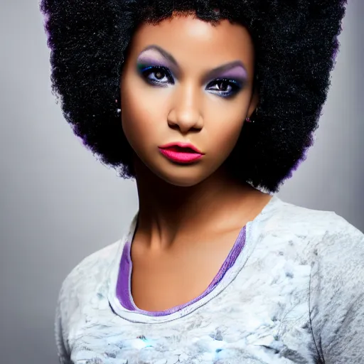 Prompt: a realistic model photoshoot of a black girl with purple afro hair, beautiful, model, professional picture, realistic, 4 k, bright light, portrait