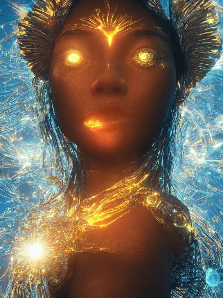 Prompt: goddess of sun dressed in streams of light, symmetrical face and eyes, happy, hyper realistic, digital art, octane render, trending on artstation, 4k