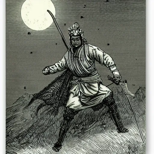 Image similar to samurai wielding a sword, moon, forest, night, illustration by Gustave Doré