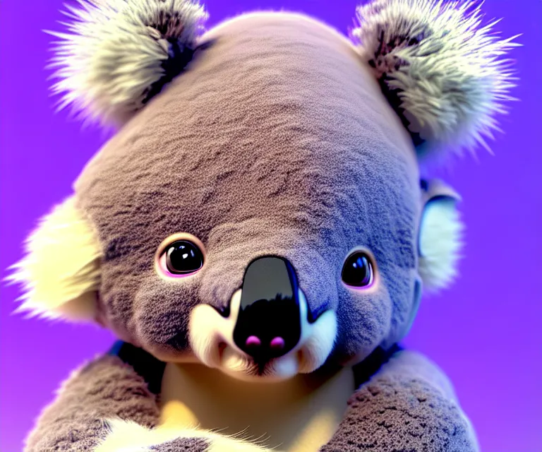 Image similar to high quality 3 d render hyperrealistic very cute small koala smoking weed, plush mascot, short spiky dense fluffy smooth hair, photo from the side, pink fluffy fur, 1 5 0 mm, beautiful natural soft light, rim light, vray, smooth background, artstation, ultra detailed