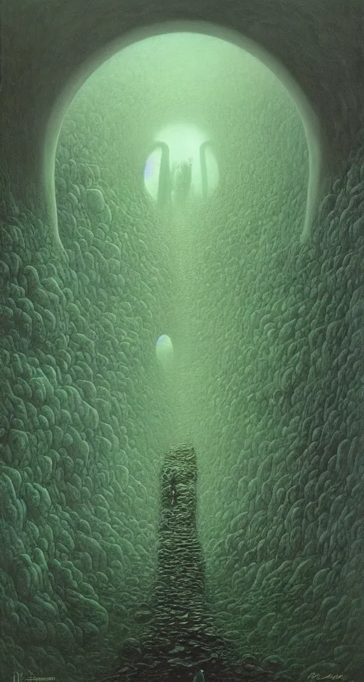 Image similar to portal to the emerald nightmare, lovecraftian, 4 k, realistic, surreal, by zdzisław beksinski