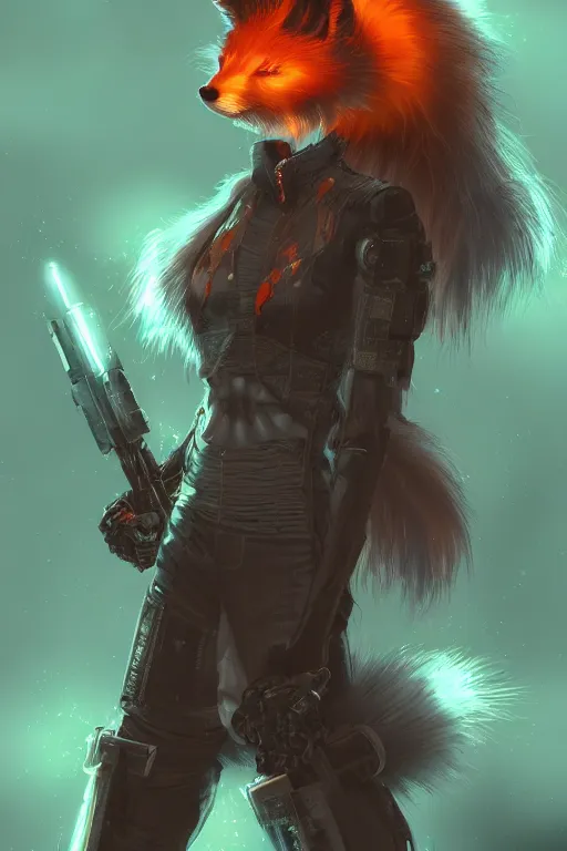 Image similar to an anthropomorphic cyberpunk fox with a fluffy tail, backlighting, trending on artstation, digital art, furry art, trending on furaffinity, fantasy art, by kawacy