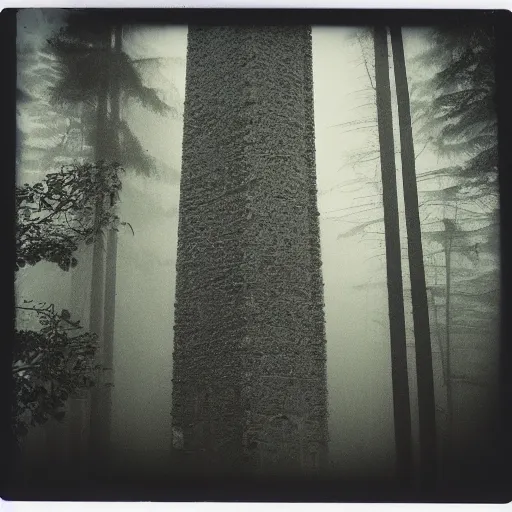 Prompt: a massive tall concrete tower in a forest clearing reaching into the fog, night, old polaroid, expired film, megalophobia,