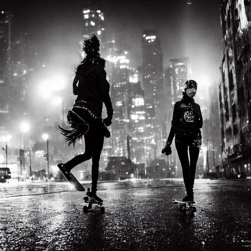 Image similar to punk girl skateboarding in the city, backlit cyberpunk buildings, wet roads at night reflecting the lights from buildings, dust, fog, cloudy night sky, dslr, 4 k, fisheye