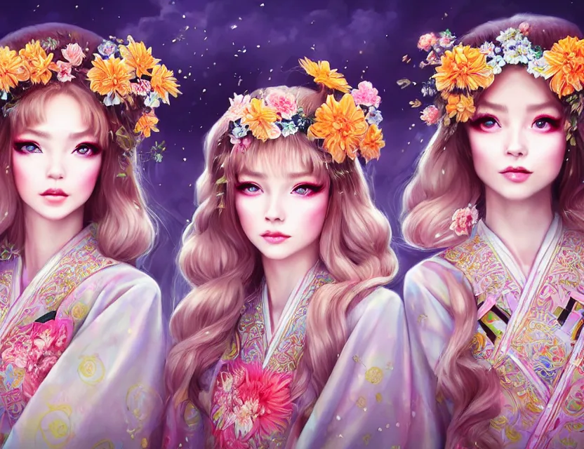 Image similar to two beautiful fashion siberian girls wear fantasy kimono in festival | | big eyes, sunny, dreamlike art, realistic shaded, smile, good looking, hyper details, 4 k realistic, cryengine, realistic shaded lighting poster by artgerm, ross tran, fuji choko, loish, 8 k resolution, trending on artstation, luxury