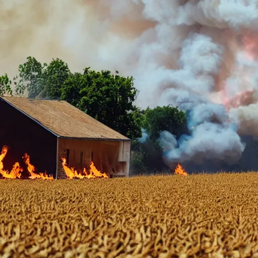 Prompt: a small vintage farm on fire in a corn field