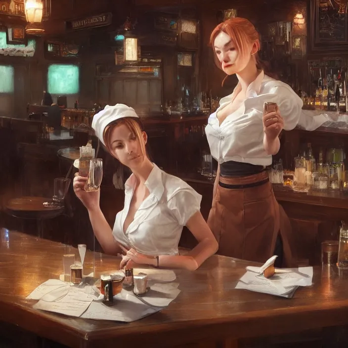 Image similar to a waitress singing on a table in a bar, elegant, real life skin, intricate artwork, high detailed, artstation, concept art, smooth, sharp focus, art by artgerm and greg rutkowski