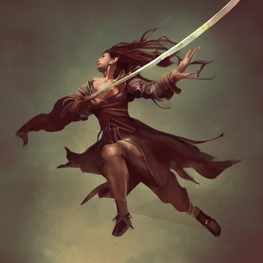 Fantasy fighting woman assassin in levitation soars in air with