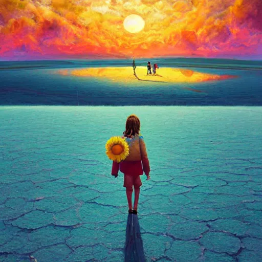 Image similar to giant daisy flower head, girl walking on salt flats mountains, surreal photography, sunrise, dramatic light, impressionist painting, colorful clouds, digital painting, artstation, simon stalenhag