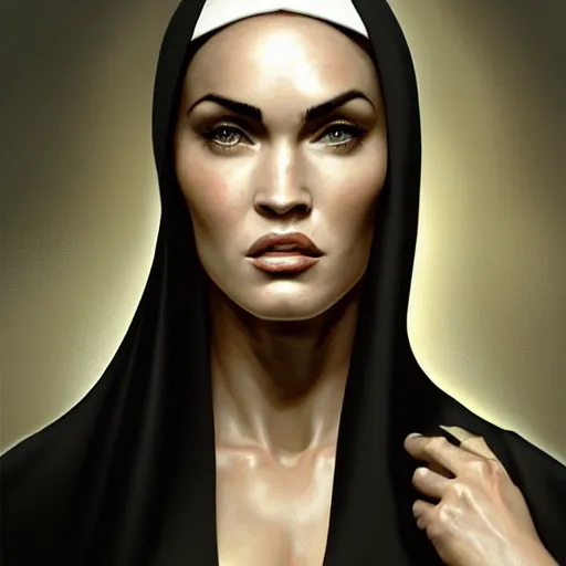 Image similar to portrait of megan fox as a nun in tight black robe, bible, christian, muscular upper body, collar, greek, jewelry, fantasy, intricate, elegant, highly detailed, digital painting, artstation, concept art, matte, sharp focus, illustration, art by aenaluck and roberto ferri and greg rutkowski, epic fantasy, digital painting