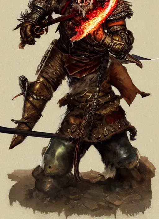 Image similar to photorealistic bugbear ranger holding sword on fire, magic, black beard, dungeons and dragons, pathfinder, roleplaying game art, hunters gear, jeweled ornate leather and steel armour, concept art, character design on white background, by sargent, norman rockwell, makoto shinkai, kim jung giu, artstation trending, poster art, colours red