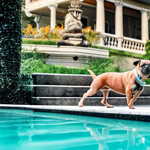 Image similar to a very detailed photo of a dog ( smoking a cigar ) outside the mansion by the pool