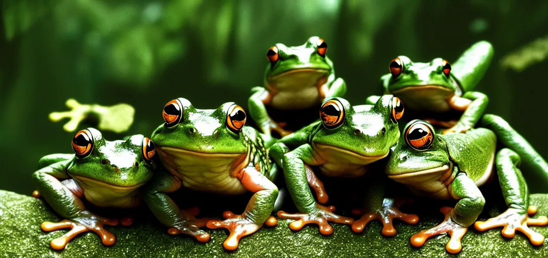 Prompt: frogs as the main characters in the 2 0 0 1 lord of the rings, cinematic still, action shot, 8 k hdr