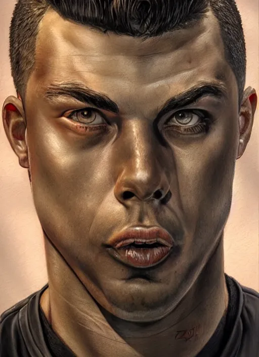 Image similar to portrait of ronaldo nazario, gritty, dark, wearing a leather jacket, very detailed eyes, hyperrealistic, very detailed painting by glenn fabry, by joao ruas, by artgerm