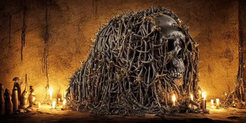 Image similar to a highly detailed realistic photographic render of corpses worshipping a skull statue with crown of thorns made of gold in the style of billelis, billelis , creepy, cinematic lighting, cinematic scene, Volumetric lighting, Atmospheric scene, Dark, Horror, Atmospheric lighting, Global illumination, realistic, photo realism, hyper realistic, hyper realism, photo realisitc, cinematic render, film, beautifully lit, ray traced, octane 3D render, octane render, unreal engine