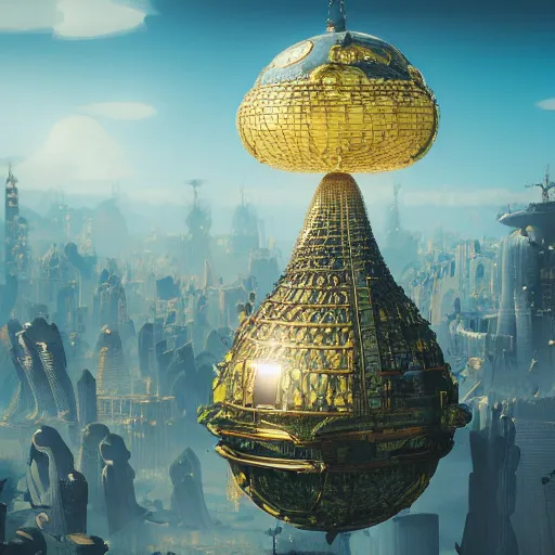 Image similar to enormous flying city in a gigantic faberge egg, sky, steampunk, flying islands, fantasy art, octane render