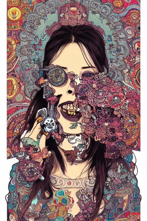 Image similar to beautiful skull cyborg portrait girl illustration, detailed patterns art of vietnam traditional dress, pop art, splash painting, art by geof darrow, ashley wood, alphonse mucha, makoto shinkai