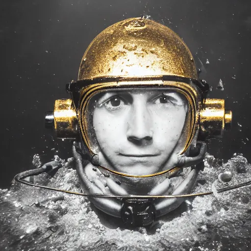 Prompt: a head and shoulders portrait of a man with an old gold diving helmet on underwater in murky water.