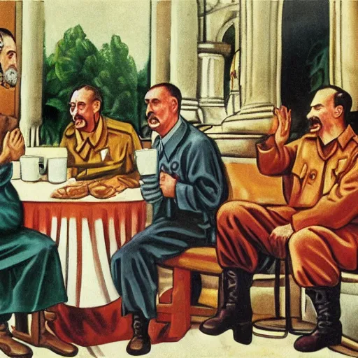 Image similar to god and the holy spirit conversing with hitler and stalin over coffee in a versailles garden