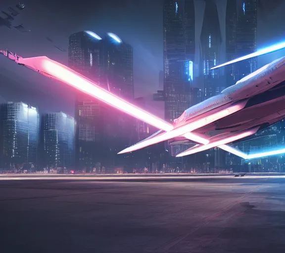 Image similar to futuristic sci fi fighter jet lands at runway of cyberpunk city, night photo ,dark cinematic lighting , digital concept art