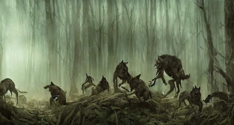 Image similar to an epic action concept masterpiece of a rabid wolfpack, in a forest made of nightmares, horrific digital art, extremely moody lighting, style of johannes voss