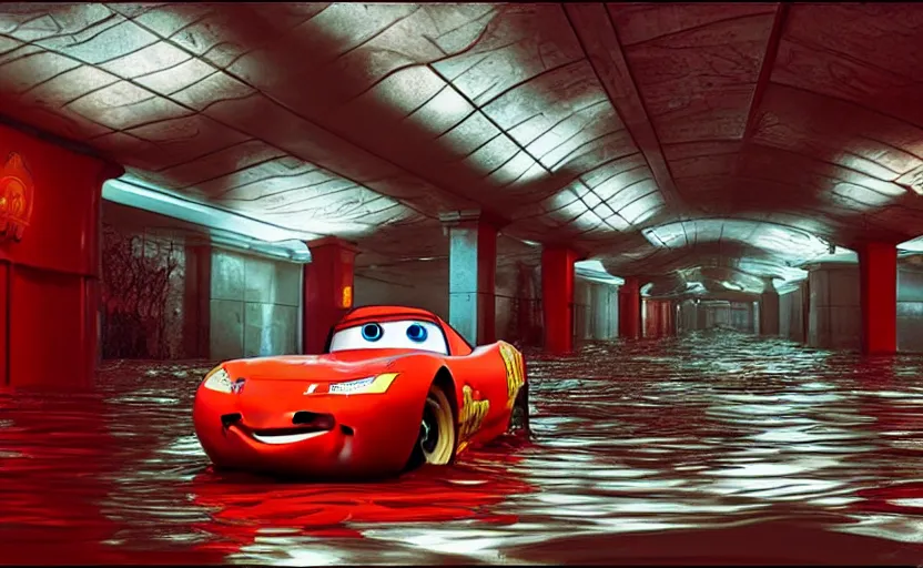 Prompt: lightning mcqueen from cars in a flooded fractal hallway, romance novel cover, in 1 9 9 5, y 2 k cybercore, low - light photography, still from a ridley scott pixar movie