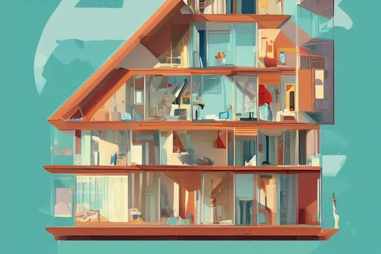 Image similar to a beautiful flat 2 dimensional illustration of a cross section of a house, view from the side, a storybook illustration by muti and james gilleard, colorful, minimalism, featured on dribble, unique architecture, behance hd, dynamic composition