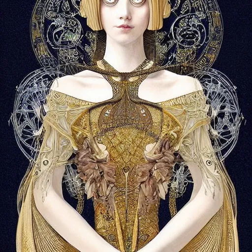 Prompt: a beautiful girl made of ivory and gold, highly intricate, digital art, very detailed, in the style of a weird and dark eerie liminal art nouveau flemish painting,