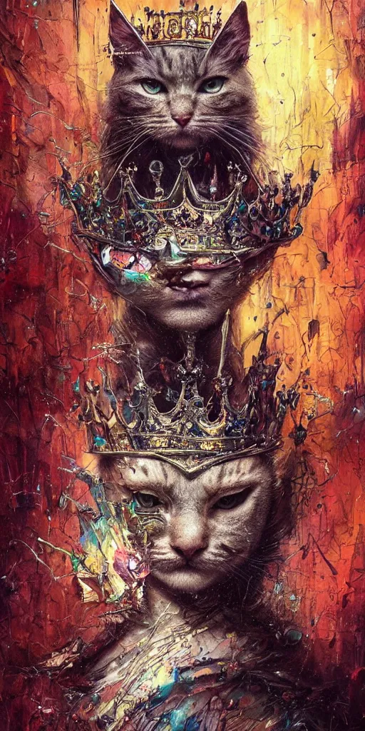 Image similar to a humanoid king old cat with a crown, Atmospheric beautiful by Stanley Artgerm, Tom Bagshaw, Arthur Adams, Carne Griffiths, trending on Deviant Art, street art, chillwave, maximalist, full of color, glittering, 8k, hd