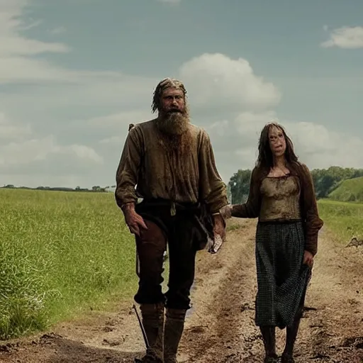 Prompt: medieval setting, tall farmer, muscular, stoic face, grizzled beard, with small teenage daughter with black hair, pale skin and birthmark on pretty face, walking right behind him, walking along muddy road towards a village in the distance, cloudless blue sky, still from film, cinematic, mid shot