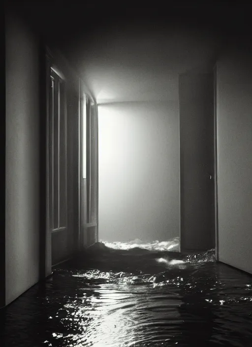 Prompt: river water rushing through an open door, a single fluorescent tube, in the style of the Dutch masters and Gregory Crewdson, dark and moody