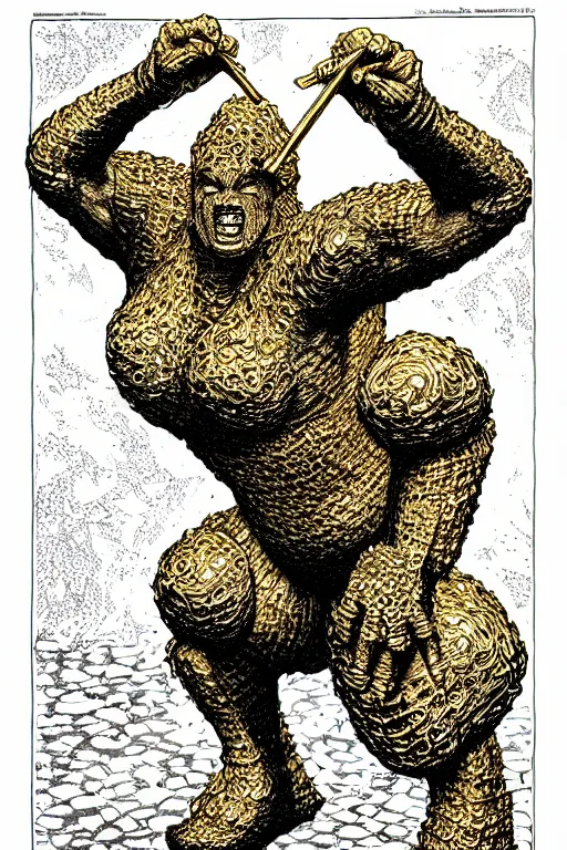 Image similar to beyonce, gold golem, as a d & d monster, full body, pen - and - ink illustration, etching, by russ nicholson, david a trampier, larry elmore, 1 9 8 1, hq scan, intricate details, inside stylized border