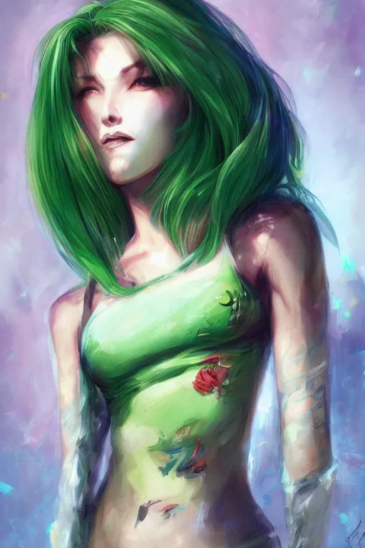 Image similar to a schizophrenic woman with green hair wearing a cool shirt, by ross tran, oil on canvas