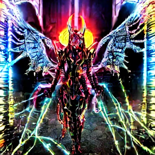 Prompt: cybercore dragon angel pimp demonoid disappearing into a portal covered in wires damnation emerging in the middle of my digusting dirty room, holy ceremony, low quality photo, flikr , creepy, hypermaximalist, trail cam found footage, realistic, , intricate fine detail