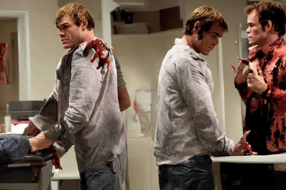 Prompt: Dexter Morgan exchanging ideas with Freddy Krueger