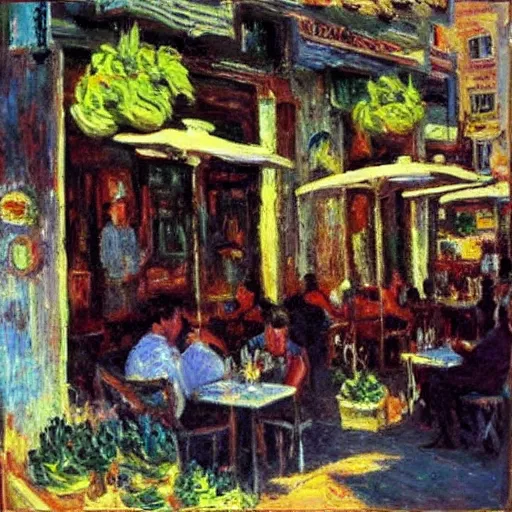 Prompt: “ sunlit café in Tel Aviv, busy, daytime, happy, in the style of Monet”