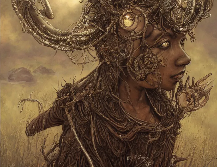 Image similar to a detailed portrait inspired by rebecca guay and mtg of the anthropomorphic frog mantis wizard shaman in his muddy creek. ancient african fantasy anime movie poster in the style of riven and myst. symmetry. arcane symbolism, intricate surrealist fantasy artwork. oil on canvas. award winning. dramatic. trending on artstation. 8 k