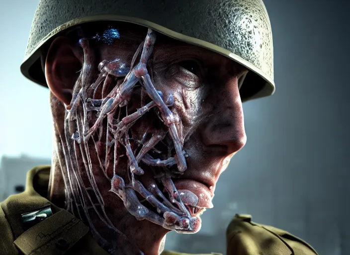 Image similar to mid shot portrait of wwii soldier with transparent skin, visible muscle and bones and veins and nerves, david cronenberg, hyperrealism, detailed textures, photorealistic 3 d cyberpunk apocalyptic city, futuristic clothing and helmet, ultra realistic, cinematic, intricate, cinematic light, unreal engine 8 k, octane render, unreal engine by david kostic and stanley lau and artgerm