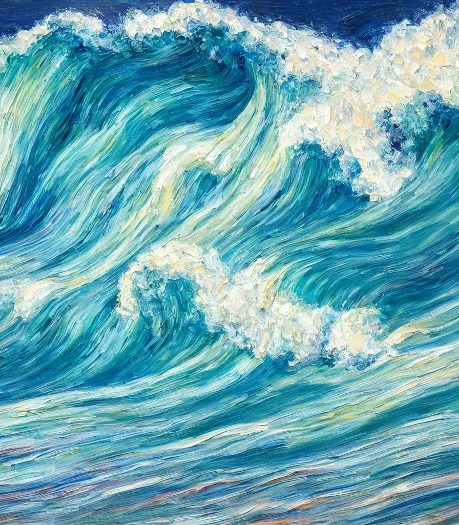 Prompt: an impasto oil painting of a beautiful barreling wave af pipeline in hawaii, traidic color scheme, high detail, breathtaking wave, modern art, abstract art, soft colors