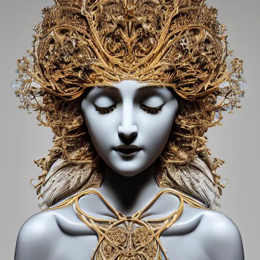 Prompt: Ultra detailed beautiful 3d render of a marble statue, beautiful woman face, long shiny hair, symmetrical composition, macro, intricate thin details in gold, crown made of fantasy flowers and leaves, fractal vines, octane render, 8k, high quality, volumetric lighting, color grading, trending on art station, by James Jean and WLOP and Victo Ngai and Craig Mullins