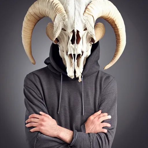 Image similar to man in a hoodie with a ram skull for a head
