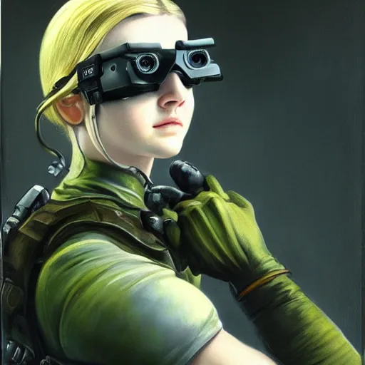 Image similar to ultra realistic portrait painting of elle fanning in splinter cell wearing night vision goggles, art by frank frazetta, 4 k, ultra realistic, highly detailed, epic lighting