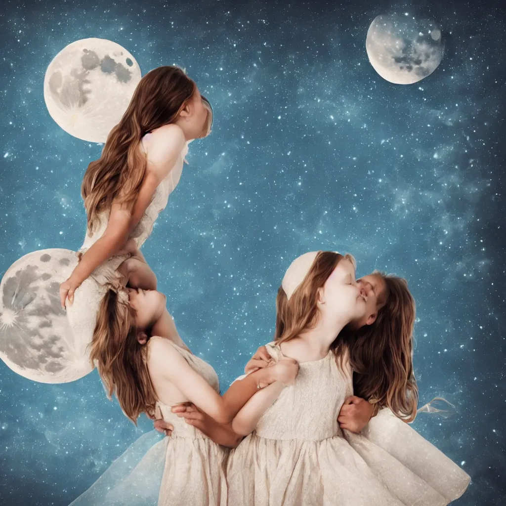 Image similar to girl hugs the moon, dress, realistic, night, light