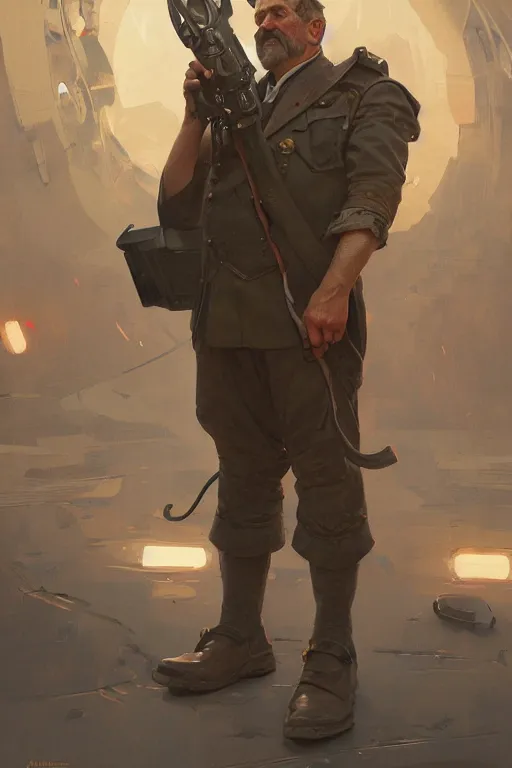 Image similar to a middle aged man as an artillery projectile, realistic painting, symmetrical, highly detailed, digital painting, artstation, concept art, smooth, sharp focus, illustration, cinematic lighting, art by artgerm and greg rutkowski and alphonse mucha